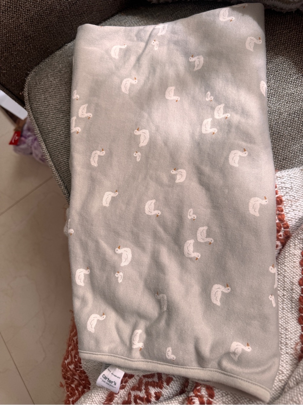 Carter's Light Gray towel with White Swan Print
